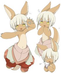  &gt;_&lt; 1other :3 absurdres androgynous animal_ears body_fur colored_eyelashes cup furry highres holding holding_cup jitome made_in_abyss mug multiple_views nanachi_(made_in_abyss) open_mouth other_focus pants pouch puffy_pants rabbit_ears red_pants short_hair sidelocks simple_background sparkle tail tail_wagging uis0 waving whiskers white_background white_hair yellow_eyes 