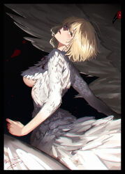  1girl black_background black_border blonde_hair blood blood_on_chest blush body_fur border breasts commentary_request dungeon_meshi falin_touden falin_touden_(chimera) feathered_wings feathers highres isshiki_(ffmania7) large_wings looking_at_viewer medium_breasts monster_girl open_mouth short_hair signature simple_background slit_pupils solo spoilers talons underboob white_feathers white_fur wings yellow_eyes 