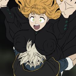  absurdres arms_up ass asta_(black_clover) between_breasts black_clover black_dress blonde_hair blue_shirt breasts covered_erect_nipples curvy dress face_between_breasts falling green_eyes grey_hair hands_up head_between_breasts highres huge_ass huge_breasts large_areolae large_breasts mimosa_vermillion muscular open_mouth popstepx shirt size_difference surprised thick_thighs thighs wavy_hair wide_hips  rating:Sensitive score:21 user:newverse