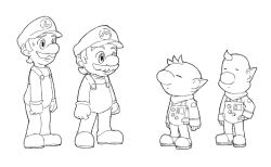  4boys backpack bag big_nose brothers buttons cabbie_hat closed_eyes closed_mouth commentary_request expressionless face-to-face facial_hair full_body gloves hand_up hat height_difference lineart long_sleeves looking_at_another louie_(pikmin) luigi male_focus mario mario_(series) multiple_boys mustache naru_(wish_field) nervous nintendo no_headwear olimar overalls patch pikmin_(series) pointy_ears shirt shoes short_hair siblings simple_background smile spacesuit standing super_smash_bros. sweatdrop very_short_hair wavy_mouth white_background 