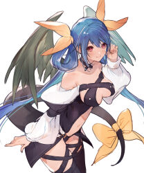  1girl angel_wings asymmetrical_wings bare_shoulders belt black_choker black_thighhighs blue_hair breasts center_opening choker cleavage closed_mouth collarbone commentary cropped_legs detached_sleeves dizzy_(guilty_gear) guilty_gear guilty_gear_x guilty_gear_xx hair_between_eyes hair_rings highres large_breasts long_hair long_sleeves monster_girl navel oro_(sumakaita) puffy_long_sleeves puffy_sleeves red_eyes ribbon showgirl_skirt sidelocks simple_background skirt smile solo stomach tail tail_ornament tail_ribbon thigh_strap thighhighs twintails white_background wings 