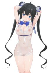 1girl absurdres armpits arms_up black_hair blue_eyes blue_ribbon blush breasts cleavage cleavage_cutout cleft_of_venus closed_mouth clothing_cutout commentary_request covered_erect_nipples covered_navel cowboy_shot dress dungeon_ni_deai_wo_motomeru_no_wa_machigatteiru_darou_ka gloves hair_ornament hair_ribbon hestia_(danmachi) highres large_breasts long_hair looking_at_viewer navel nipples pencil_dress pomerachi pussy rei_no_himo ribbon see-through see-through_dress see-through_gloves simple_background smile solo standing twintails white_background white_dress white_gloves 