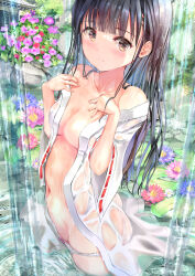  1girl absurdres black_hair breasts brown_hair closed_mouth commentary_request cowboy_shot day flower from_side hands_on_own_chest highres japanese_clothes lily_pad long_hair long_sleeves looking_at_viewer medium_breasts no_pants off_shoulder ogata_tei open_clothes open_shirt original outdoors panties partial_commentary ribbon-trimmed_sleeves ribbon_trim shirt smile solo standing underwear wading wet wet_clothes wet_panties white_panties white_shirt wide_sleeves 