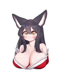  1girl ahri_(league_of_legends) animal_ears animated black_hair bouncing_breasts breasts cleavage collarbone detached_sleeves fox_ears fox_girl hair_over_shoulder happy huge_breasts kitsune korean_clothes kyuubi large_breasts league_of_legends live2d looking_at_viewer looping_animation low_neckline multiple_tails shiny_skin sidelocks smile solo tagme tail upper_body video yabby yellow_eyes 