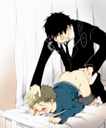 2boys anal bed black_hair black_jacket black_pants blonde_hair blush boy_rape brown_hair clothes_pull curtains doggystyle grabbing_another&#039;s_hair hospital_bed jacket male_focus male_penetrated medical multiple_boys necktie pants pants_pull rape school_uniform sex sex_from_behind shota tears yaoi 