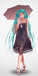 1girl alternate_color aqua_eyes aqua_hair aqua_nails bag bare_shoulders black_dress collarbone crossed_legs dress feet full_body grin hatsune_miku head_tilt high_heels holding jewelry long_hair looking_at_viewer nail_polish necklace open_shoes sandals see-through shoes simple_background skirt_hold smile solo standing toeless_footwear toenail_polish toenails toes twintails umbrella very_long_hair vocaloid watson_cross white_background wokada rating:Questionable score:100 user:danbooru