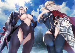  2girls armor artoria_pendragon_(fate) artoria_pendragon_(lancer)_(fate) artoria_pendragon_(lancer_alter)_(fate) blonde_hair blue_eyes braid breasts cape cleavage cleavage_cutout clothing_cutout crown dark_persona fate_(series) french_braid from_below gauntlets hair_between_eyes holding holding_weapon huge_breasts kamaboko_(ossann0125) looking_at_viewer multiple_girls navel pauldrons polearm red_cape rhongomyniad_(fate) short_hair shoulder_armor sidelocks skin_tight skindentation sky standing underboob weapon yellow_eyes  rating:Sensitive score:76 user:Sex._Furius