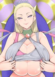  1girl are_(arearee) blonde_hair breasts cleavage crown dragon_quest dragon_quest_xi highres huge_breasts looking_at_viewer naughty_face paizuri_invitation purple_eyes selen_(dq11) sitting smile throne underboob  rating:Questionable score:116 user:mrdie01