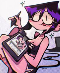 1girl animal_ear_legwear black_shorts breasts cable chromatic_aberration cleavage commentary computer dolphin_shorts drawing_tablet ear_piercing earrings highres holding holding_drawing_tablet holding_stylus jewelry laptop large_breasts looking_at_viewer midriff narrow_waist navel original piercing purple_hair rabbit_ear_legwear recursion short_shorts shorts sitting socks solo sparkle striped_clothes striped_socks stylus thighs tongue tongue_out toon_(style) twitter_username valbun