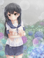  10s 1girl ahoge black_hair blouse blush breasts brown_eyes covering_privates covering_breasts cowboy_shot crossed_arms flower highres hydrangea kantai_collection long_hair miimu_(nelreg3) no_bra outdoors plant pleated_skirt rain sailor_collar school_uniform see-through serafuku shirt short_sleeves skirt solo thigh_gap ushio_(kancolle) wavy_mouth wet wet_clothes white_shirt  rating:Questionable score:4 user:danbooru