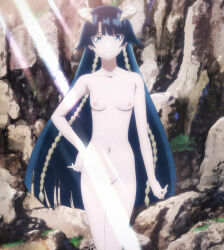  1girl anime_screenshot blue_hair breasts closed_eyes collarbone completely_nude dragon_girl dragon_horns groin hand_on_own_hip highres horns jewelry kekkon_yubiwa_monogatari long_hair looking_at_viewer navel nipples nude ring saphir_maasa screencap small_breasts smile stitched stomach thighs third-party_edit water wedding_ring  rating:Questionable score:63 user:PuttHutt