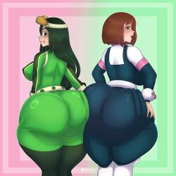  2girls ass ass-to-ass ass_grab asui_tsuyu belt black_bodysuit bodysuit boku_no_hero_academia boots breasts brown_eyes brown_hair curvy frog_girl from_behind goggles goggles_on_head grabbing_own_ass green_bodysuit green_eyes green_hair highres huge_ass large_breasts long_hair looking_at_viewer looking_back multiple_girls open_mouth sharktix short_hair thick_thighs thighhighs thighs tongue tongue_out uraraka_ochako wide_hips 