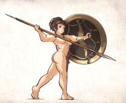  1girl aspis ass baldric brown_eyes brown_hair completely_nude convenient_censoring highres holding holding_polearm holding_weapon hoplite ironlily muscular muscular_female nude original polearm sheath sheathed shield simple_background solo spear sword toned weapon 