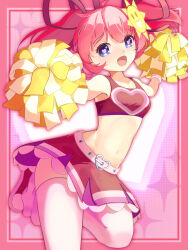  1girl absurdres bemani blue_eyes cheerleader flat_chest heart heart-shaped_pupils highres looking_at_viewer navel pink_hair pink_ribbon pom_pom_(cheerleading) ribbon short_hair smile solo sound_voltex sun_hair_ornament symbol-shaped_pupils thighhighs tongari_kin twintails white_thighhighs wonderful_love-chan 
