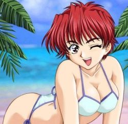  artist_request doushin lowres red_eyes red_hair short_hair smile suruga_maki swimsuit tagme wink  rating:Questionable score:8 user:greywolf69