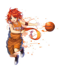  1girl armband azur_lane ball bare_shoulders basketball basketball_(object) fang full_body green_eyes highres jersey long_hair looking_at_viewer nail_polish name_connection national_basketball_association open_mouth orange_nails phoenix_(azur_lane) phoenix_suns red_hair shoes shorts simple_background smile sneakers solo sportswear sweatband white_background yakkuro  rating:Sensitive score:2 user:danbooru