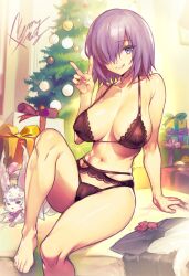  1girl :q barefoot black_bra black_garter_belt black_panties bra breasts christmas christmas_tree collarbone dynamitenatalia fate/grand_order fate_(series) fou_(fate) garter_belt hair_over_one_eye hand_up indoors large_breasts lingerie looking_at_viewer mash_kyrielight merry_christmas navel panties purple_eyes purple_hair revision short_hair sitting smile solo toes tongue tongue_out underwear underwear_only v 