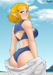 1girl ass back back_cutout beach bikini blue_bikini blue_sky braid breasts clothing_cutout commentary crown_braid day english_commentary flytrapxx from_behind hair_ornament hairclip highres horizon large_breasts looking_back multi-strapped_bikini narrow_waist nintendo ocean open_clothes open_shirt pointy_ears princess_zelda short_hair sidelocks sky smile solo swimsuit tankini the_legend_of_zelda the_legend_of_zelda:_breath_of_the_wild the_legend_of_zelda:_tears_of_the_kingdom triangle_cutout turning_head undressing rating:Sensitive score:103 user:danbooru