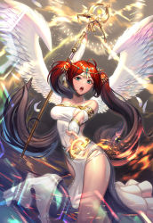 1girl ahoge angel angel_wings bare_shoulders blue_eyes blush breasts bridal_gauntlets brown_hair circlet commentary_request dress feathered_wings feathers gradient_hair hand_up highres holding large_breasts lens_flare long_dress long_hair looking_at_viewer magic moonandmist multicolored_hair open_mouth original parted_bangs pelvic_curtain red_hair side_slit solo spread_wings staff standing twintails very_long_hair white_dress white_wings wings rating:Sensitive score:10 user:danbooru