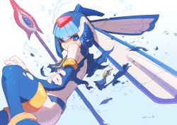  1girl absurdres android blue_eyes bodysuit bubble crying crying_with_eyes_open hand_on_own_arm helmet highres jackthefridge fairy_leviathan_(mega_man) looking_at_viewer mega_man_(series) mega_man_zero_(series) polearm spear tears thighhighs torn_clothes weapon 