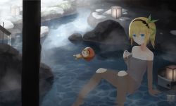 10s 1girl akitaka_(pixiv12739753) arm_support black_hairband blonde_hair blue_eyes collarbone edna_(tales) flat_chest green_ribbon hair_ribbon hairband highres lantern leaning_back looking_at_viewer naked_towel one_side_up onsen paper_lantern partially_submerged ribbon short_hair sitting solo tales_of_(series) tales_of_zestiria towel water rating:Sensitive score:9 user:danbooru
