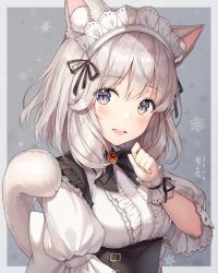 1girl :d animal_ear_fluff animal_ears ayuanlv black_ribbon blue_eyes blush bow bowtie breasts brooch cat_ears cat_tail dated final_fantasy final_fantasy_xiv hair_ribbon hand_up head_tilt highres jewelry looking_at_viewer maid_headdress medium_breasts miqo&#039;te open_mouth puffy_short_sleeves puffy_sleeves ribbon shirt short_hair short_sleeves signature silver_hair slit_pupils smile snowflakes solo tail teeth two-tone_background underbust upper_body upper_teeth_only white_shirt wrist_cuffs rating:Sensitive score:16 user:danbooru