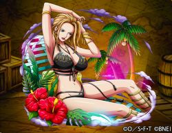  1girl bikini blonde_hair bracelet breasts brown_hair chair cleavage curvy earrings female_focus hair_in_own_mouth jewelry kalifa_(one_piece) large_breasts legs lipstick long_hair lying makeup navel official_art one_piece red_lips sitting solo stomach swimsuit thick_thighs thighs tree  rating:Sensitive score:36 user:TeeJay