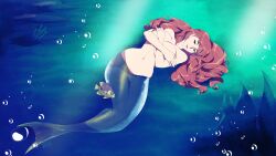 1girl absurdres breasts brown_hair bubble covering_nipples covering_privates dead_or_alive dead_or_alive_4 fish highres kasumi_(doa) large_breasts long_hair mermaid monster_girl r3dfive topless underwater wide_hips