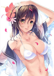  1girl bikini blush breasts brown_eyes brown_hair cleavage collarbone covered_erect_nipples flower hair_flower hair_ornament ikeda_yasuhiro large_breasts long_hair looking_at_viewer navel open_clothes open_shirt original parted_lips petals pool school_uniform serafuku shirt simple_background smile solo swimsuit wet white_background white_bikini  rating:Sensitive score:31 user:01sexypancakes01
