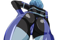 1girl artist_request ass blue_hair bodysuit cameltoe from_behind from_below hand_on_own_hip original shiny_clothes short_hair solo rating:Questionable score:8 user:armorcrystal