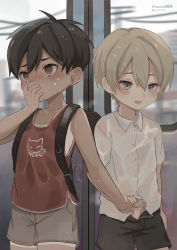  2boys @_@ absurdres bar_censor black_hair blonde_hair blue_eyes blush brown_eyes censored collarbone covering_own_mouth foreskin hand_over_own_mouth handjob highres multiple_boys omurice_(roza4957) open_mouth penis short_hair shota smile sweat tan tank_top tanline tears wet yaoi  rating:Explicit score:374 user:Lzhom