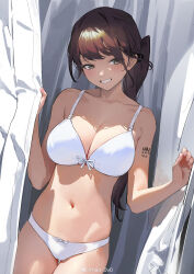  1girl absurdres blush bow bow_bra bow_panties bra breasts brown_eyes brown_hair cameltoe cleavage collarbone curtain_grab curtains grin han-0v0 highres large_breasts lingerie long_hair looking_at_viewer midriff mole mole_under_eye navel open_mouth original panties side_ponytail smile solo standing teeth underwear underwear_only very_long_hair white_bra white_panties 