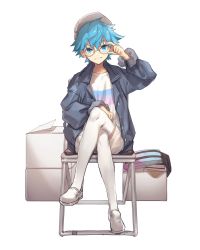 1boy adjusting_eyewear alternate_costume bad_id bad_twitter_id blue_eyes blue_hair box casual chair crossed_legs eyelashes fate/extra fate/extra_ccc fate_(series) full_body glasses hans_christian_andersen_(fate) hans_christian_andersen_(festival_outfit)_(fate) highres jacket male_focus no-kan pantyhose poster_(object) shorts sitting smile solo white_background white_pantyhose rating:Sensitive score:8 user:danbooru