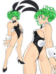 absurdres alternate_costume animal_ears ass breasts cleavage curly_hair detached_collar green_eyes green_hair hand_on_own_hip high_heels highres leotard multiple_views one-punch_man playboy_bunny rabbit_tail simple_background tatsumaki toshinoshin white_background rating:Sensitive score:94 user:twilight_jester