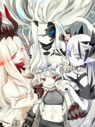  4girls abyssal_jellyfish_princess abyssal_ship akino_shuu anger_vein blue_eyes breasts clenched_teeth dress kantai_collection large_breasts long_hair long_sleeves lycoris_princess multiple_girls new_battleship_princess new_southern_battleship_princess pale_skin pointy_ears red_eyes sharp_teeth teeth twitter_username white_dress white_hair 