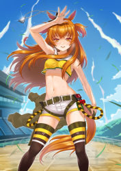  1girl animal_ears arm_up belt blurry blurry_background blush breasts cloud contrail crop_top crop_top_overhang dog_tags feet_out_of_frame floating_hair glint grass green_jacket highres horse_ears horse_girl horse_tail jacket unworn_jacket lips long_hair looking_at_viewer mayano_top_gun_(umamusume) midriff navel open_mouth orange_hair outdoors racetrack shorts small_breasts smile solo standing sweat tail tank_top teeth thighhighs two_side_up umamusume underboob white_shorts wind yellow_eyes yunori 