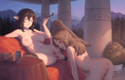 2girls after_cunnilingus all_fours ass bigrbear black_hair black_legwear bread breasts brown_hair chalice cleft_of_venus cup elf food highres knee_up long_hair looking_at_viewer lying medium_breasts mountain multiple_girls navel nipples no_shoes nude on_back open_mouth original outdoors parted_lips pillar pointy_ears purple_eyes pussy red_eyes saliva saliva_trail smile smoking smoking_pipe spread_legs spread_pussy thighhighs tongue tongue_out tree uncensored wavy_hair yuri rating:Explicit score:406 user:danbooru