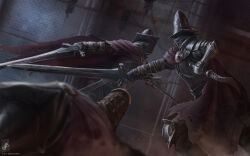  3boys absurdres abyss_watcher blurry blurry_foreground brown_pants cape dark_souls_(series) dark_souls_iii dual_wielding facing_another fighting gauntlets helmet highres holding holding_knife holding_sword holding_weapon indoors knee_up knife long_sleeves multiple_boys pants red_cape shoulder_plates sword themaestronoob torn_cape torn_clothes weapon 