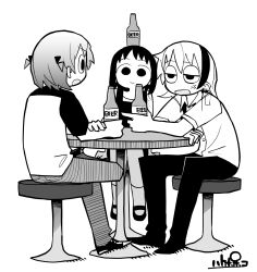  3girls :| anger_vein annoyed beer_bottle bottle bottle_on_head closed_mouth collared_shirt commentary_request commission denim dress ear_piercing figure_four_sitting full_body greyscale half-closed_eyes hanagata_akiko hanako_(punk_teen) hatopopoko highres hiromi_(punk_teen) holding holding_bottle jeans looking_at_another monochrome multicolored_hair multiple_girls neck_ribbon on_stool open_mouth pants piercing pinafore_dress profile punk_teenage_girl_death_rock_&#039;n&#039;_roll_heaven raglan_sleeves ribbon shirt shoes short_hair short_sleeves signature sitting skeb_commission sleeveless sleeveless_dress streaked_hair two_side_up undone_neck_ribbon wide-eyed 