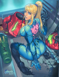  1girl arm_cannon arm_cannon_removed arm_support armor unworn_armor ass blonde_hair blue_eyes bodysuit breasts chuck_pires claws corruption from_above from_behind unworn_headwear helmet unworn_helmet image_sample large_breasts lips long_hair looking_at_viewer looking_up marvel metroid metroid_prime_3:_corruption nintendo parted_lips samus_aran sitting solo spider-man_(series) symbiote transformation varia_suit venom_(marvel) wariza weapon zero_suit  rating:Sensitive score:73 user:danbooru