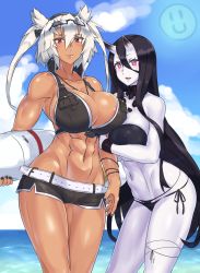 10s 2girls abs abyssal_ship areola_slip bare_shoulders battleship_princess bikini black_hair blush breasts brown_eyes choker cleavage colored_skin covered_erect_nipples curvy dark-skinned_female dark_skin eyewear_on_head glasses hair_between_eyes highres holding_own_arm horns kantai_collection large_breasts long_hair looking_at_viewer midriff mizuumi_(bb) multiple_girls musashi_(kancolle) muscular muscular_female navel open_mouth pale_skin pointy_hair red_eyes short_hair_with_long_locks single_horn skin-covered_horns smile smiley_face swimsuit tall twintails two_side_up very_long_hair white_hair white_skin wide_hips rating:Questionable score:103 user:danbooru