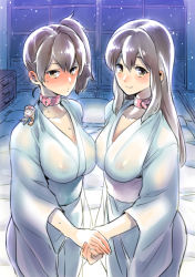 10s 2girls akagi_(kancolle) blush breasts brown_eyes brown_hair choker collarbone covered_erect_nipples drawer fairy_(kancolle) fusuma heart heart_lock_(kantai_collection) holding_hands japanese_clothes kaga_(kancolle) kantai_collection large_breasts long_hair mimonel multiple_girls pillow see-through see-through_silhouette short_hair side_ponytail sliding_doors smile sweat take_your_pick type_0_fighter_model_52 rating:Questionable score:45 user:danbooru