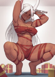  1girl abs absurdres animal_ears armpits arms_behind_head arms_up bare_shoulders barefoot blush boku_no_hero_academia bow box breasts christmas dark-skinned_female dark_skin english_text feet full_body gift gift_box heart highres large_breasts long_eyelashes long_hair looking_at_viewer merry_christmas mirko muscular muscular_female naked_ribbon navel parted_bangs parted_lips rabbit_ears rabbit_girl red_bow red_eyes red_ribbon ribbon signature smile solo speedl00ver spread_legs squatting thick_thighs thighs tiptoes toes underboob very_long_hair white_hair wrapped_up  rating:Questionable score:117 user:danbooru