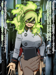  1girl alley angry arm_at_side artist_request belt belted_dress black_hairband black_thighhighs boku_no_hero_academia breasts brown_eyes burnin_(boku_no_hero_academia) buttons cellphone clenched_hand collarbone collared_dress curvy dress eye_mask eyebrows_visible_through_mask fangs female_focus fiery_hair fire fire_extinguisher flashlight garter_straps gradient_hair green_fire green_hair hair_between_eyes hair_ornament hairband hand_on_own_hip highres jacket japanese_text kamiji_moe large_breasts legs long_hair long_sleeves looking_at_viewer mask multicolored_hair neck open_mouth outdoors phone ponytail pov pov_hands short_dress side_slit sidelocks smartphone standing suit_jacket thighhighs thighs tight_clothes tight_dress translation_request v-shaped_eyebrows wide_ponytail 