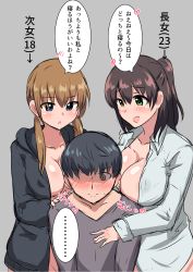1boy 2girls black_hair blue_eyes blush breasts brown_hair cleavage embarrassed green_eyes highres hood hood_down hooded_jacket hoodie jacket large_breasts long_hair long_sleeves low_twintails multiple_girls naked_hoodie naked_shirt open_clothes open_jacket open_mouth original senshiya shiny_skin shirt side_ponytail speech_bubble translated twintails rating:Questionable score:9 user:danbooru