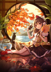  1girl absurdres arua autumn_leaves bird black_bow black_bowtie blurry bow bowtie camera crow depth_of_field fish fishbowl geta goldfish hat hauchiwa highres holding holding_camera leaf leaf_print long_hair maple_leaf open_mouth plant pom_pom_(clothes) potted_plant puffy_short_sleeves puffy_sleeves red_eyes red_hat reflective_floor shameimaru_aya short_sleeves skirt smile solo tengu-geta tokin_hat touhou vase water window 