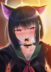 1girl animal_ears black_choker black_hair black_shirt blue_archive blush candy cat_ears chocolate chocolate_heart choker colored_inner_hair dtcy food hair_ornament hairpin halo heart kazusa_(blue_archive) looking_at_viewer mouth_hold multicolored_hair neckerchief pink_eyes pink_hair red_neckerchief shirt short_hair smile solo yellow_halo 