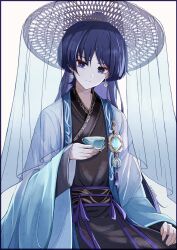  1boy absurdres alternate_costume alternate_hairstyle belt black_border blue_gemstone blue_hair blunt_ends border chinese_clothes closed_mouth cup duijin_ruqun earrings gem genshin_impact hanfu hat highres holding holding_cup japanese_clothes jewelry jiaoling_ruqun jingasa long_hair long_sleeves looking_at_viewer male_focus mandarin_collar open_clothes purple_belt purple_eyes purple_hair ribbon scaramouche_(genshin_impact) simple_background sitting smile solo veil white_background wide_sleeves youyoukongmingtang 