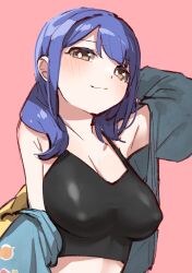  1girl :3 absurdres black_shirt blue_hair blue_jacket blush breasts brown_eyes cleavage collarbone covered_erect_nipples crop_top goe_(g-o-e) hanayagi_kaoruko hand_on_own_head highres jacket jacket_partially_removed large_breasts long_sleeves looking_at_viewer open_clothes open_jacket pink_background shirt short_hair shoujo_kageki_revue_starlight sleeveless sleeveless_shirt smile upper_body yellow_eyes  rating:Questionable score:11 user:TG494