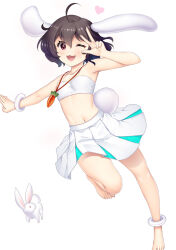  1girl :3 ahoge alternate_costume animal_ears anklet barefoot bikini bikini_top_only black_hair blush bracelet breasts carrot_necklace commentary_request floppy_ears full_body hair_between_eyes hataraki_kuma heart inaba_tewi jewelry looking_at_viewer medium_bangs midriff navel necklace open_mouth pleated_skirt rabbit rabbit_ears rabbit_girl rabbit_tail red_eyes short_hair simple_background skirt small_breasts smile solo swimsuit tail touhou w w_over_eye white_background white_bikini white_skirt 